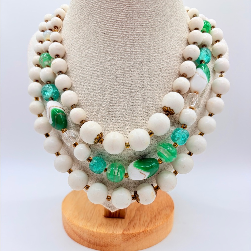 Vintage 50s Triple Strand Green and White Glass Necklace